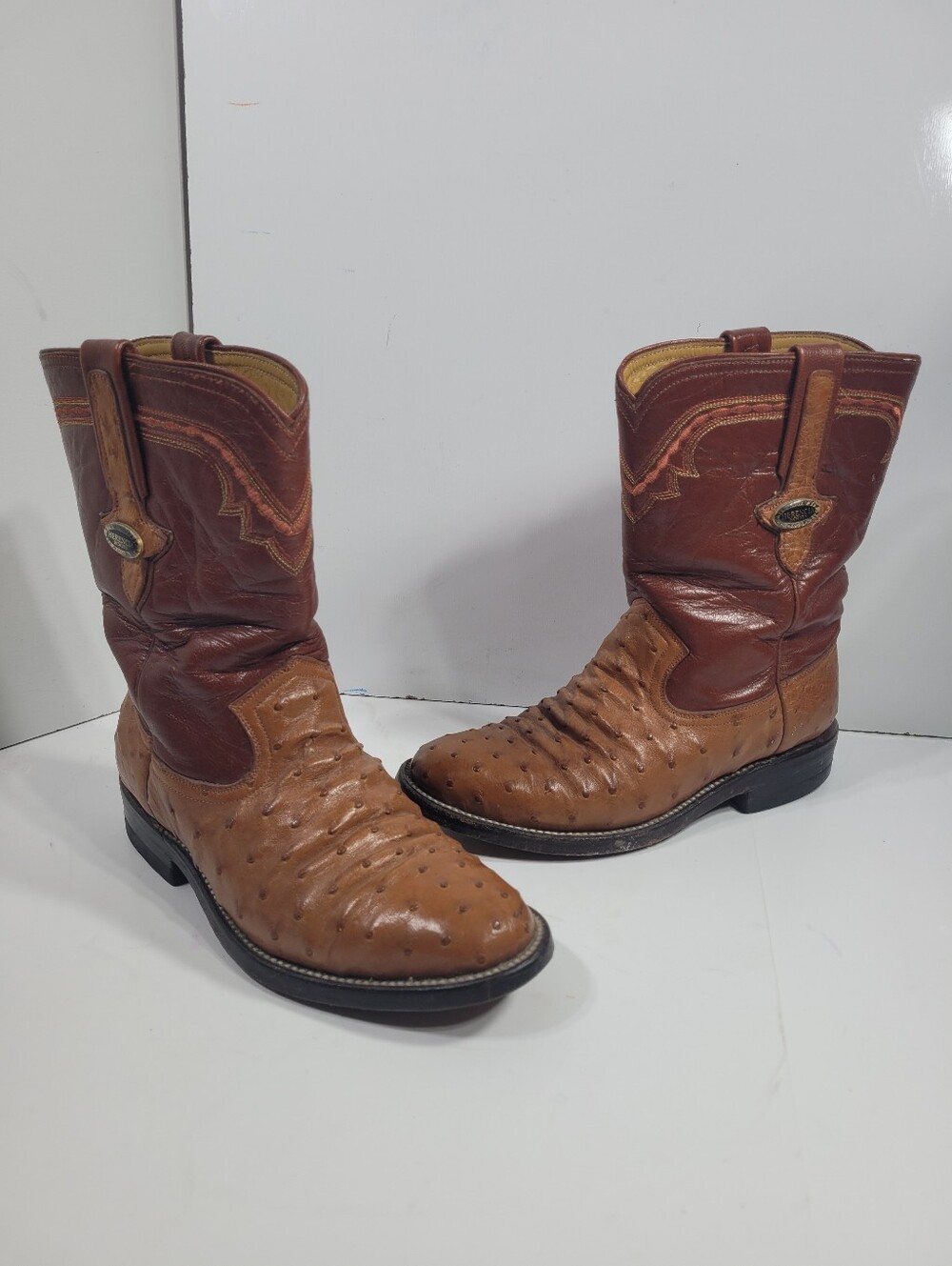Herencia Genuine Full Quill Ostrich Cowboy Boots Womens Size 4.5 Two Tone Brown